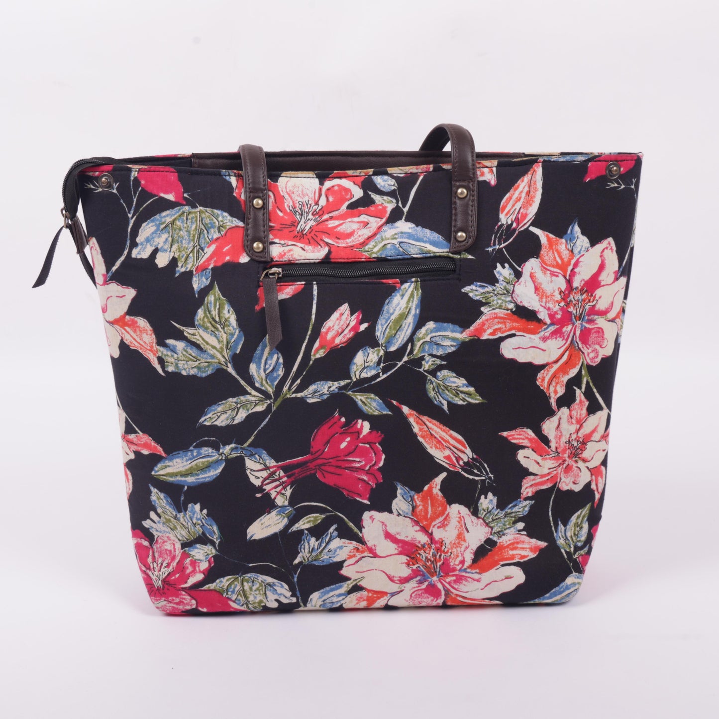 InkJaipur Black Floral Printed Tote Bag