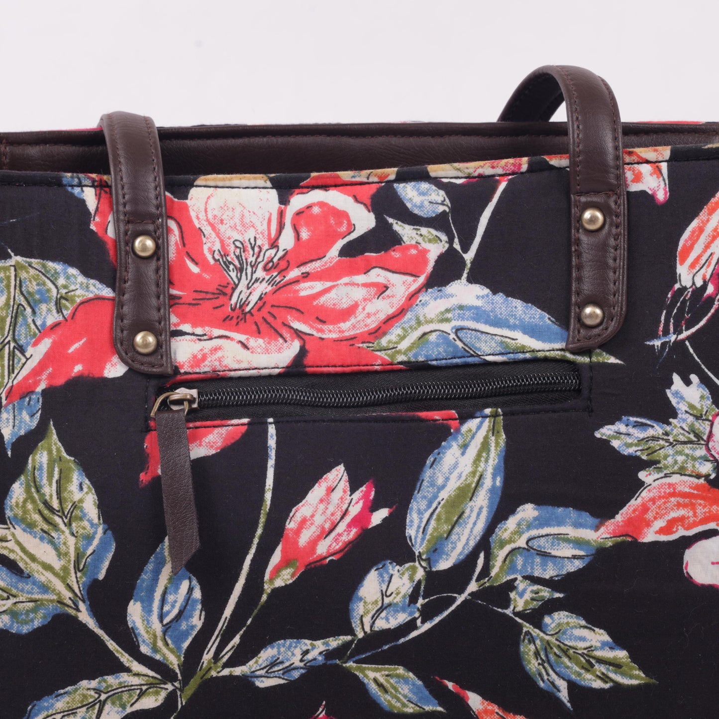 InkJaipur Black Floral Printed Tote Bag