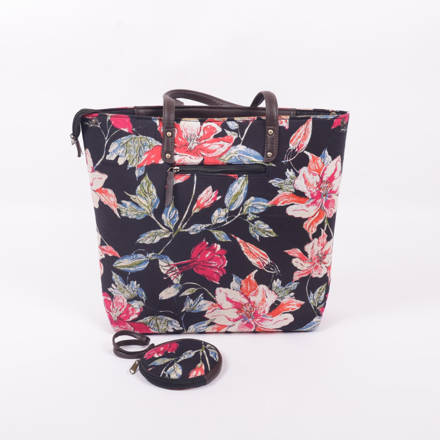 InkJaipur Black Floral Printed Tote Bag