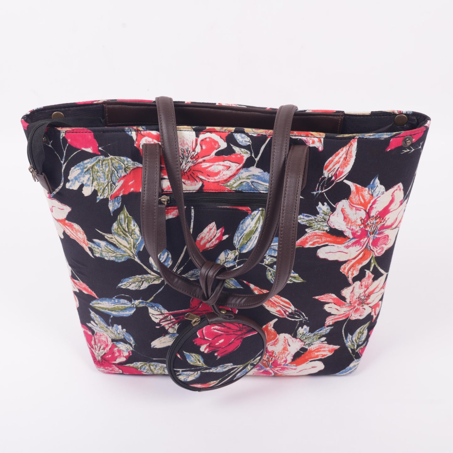 InkJaipur Black Floral Printed Tote Bag