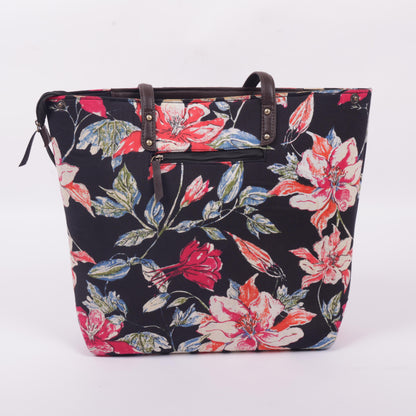InkJaipur Black Floral Printed Tote Bag