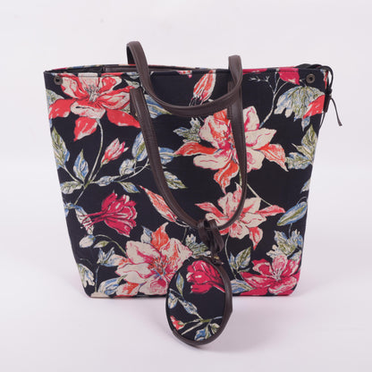 InkJaipur Black Floral Printed Tote Bag
