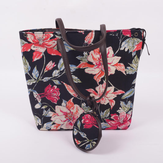 InkJaipur Black Floral Printed Tote Bag